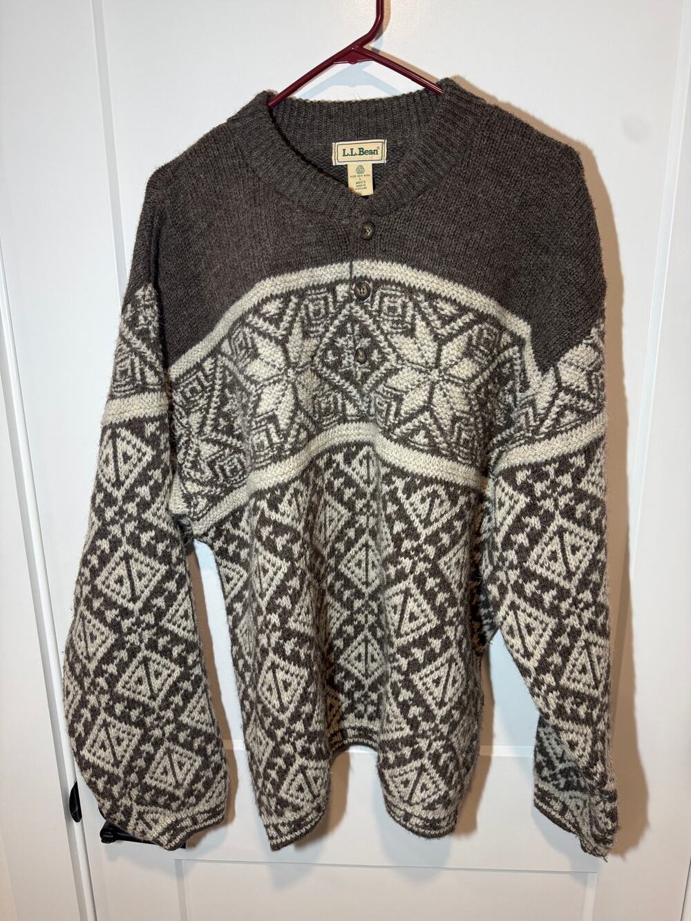 Vintage LL Bean Wool Nordic Fair Isle Henley Sweater. Made in Scotland. Mens L